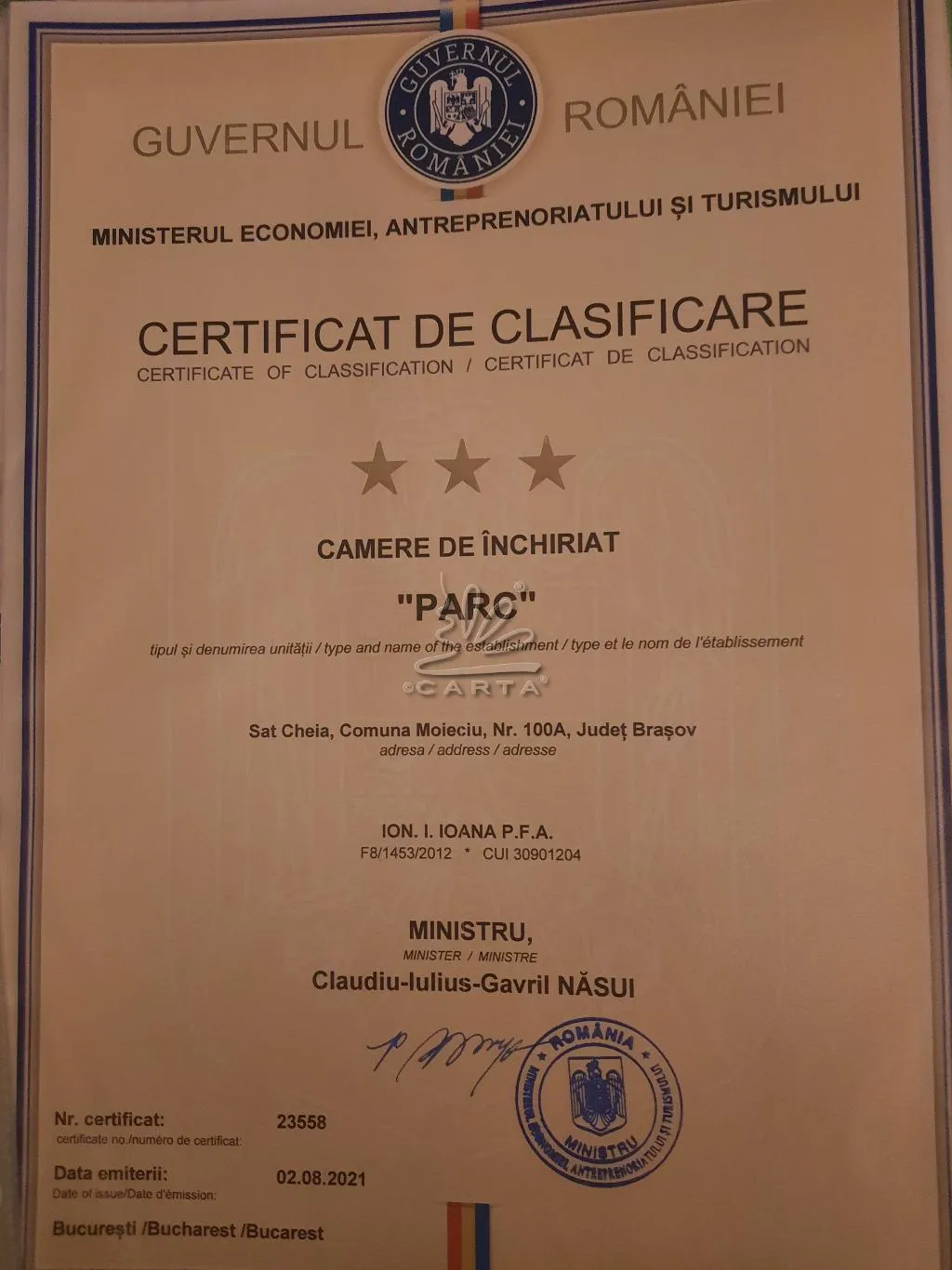 Certificat de Clasificare 3 stele – Vila Parc Moeciu, Nr. 23558